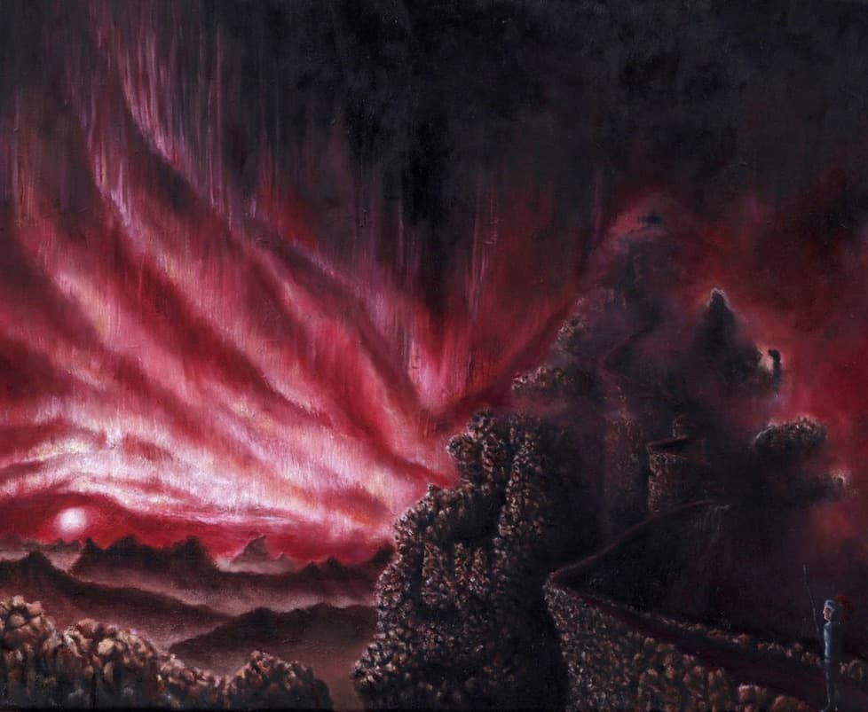 Painting: a red and pink sky above a wall and a small figure.